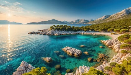 Obraz premium Breathtaking Panoramic View of a Secluded Cove with Crystal-Clear Turquoise Water Surrounded by Rocky Shores and Lush Green Vegetation and Majestic Mountains