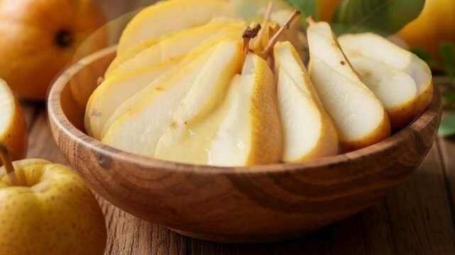 Sliced Asian pear on wooden plate
