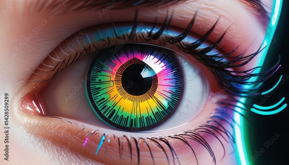 Fototapete Close-Up of a Stylized Eye with a Vibrant Multicolored Iris Resembling Data Visualization Against a Dark Background for Technology and Art Concepts