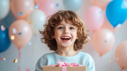 Excited Child Smiling with Gift Box Amid Floating Balloons at a Birthday Celebration