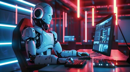 robot working on computer with futuristic lights 