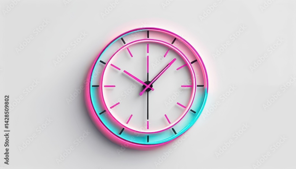 Poster minimalist clock design featu pink and blue neon s surrounding a white clock face displaying accurat