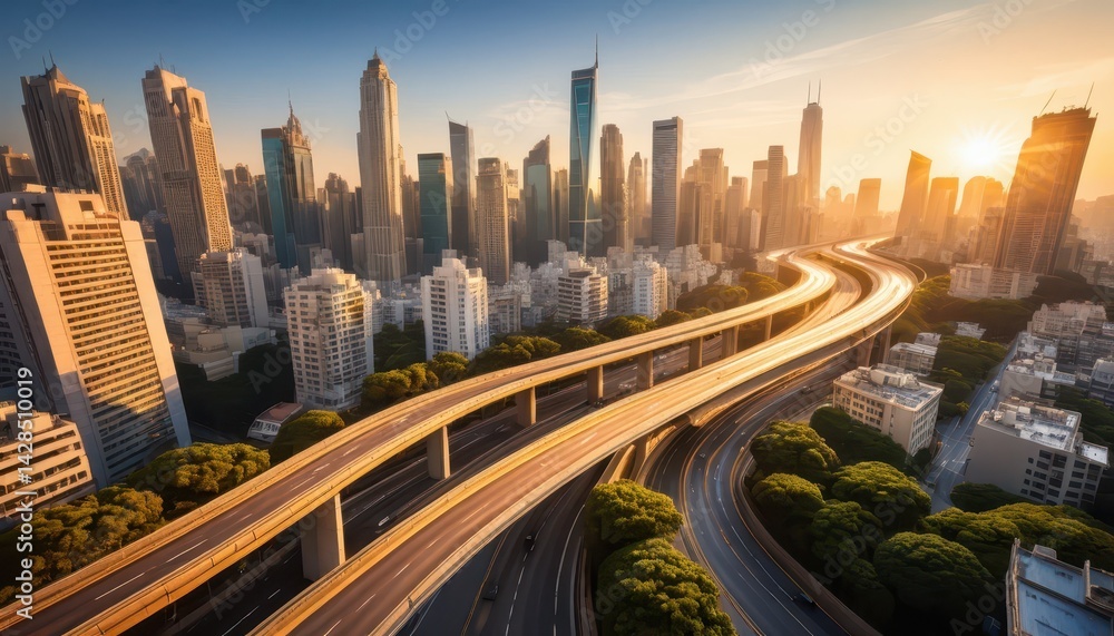 Poster panoramic view of a modern city skyline at sunrise featu a complex elevated highway system curving t