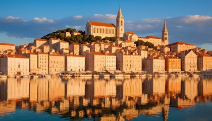 Fototapeta premium A Breathtaking Waterfront Town at Sunset, Illuminated by Golden Light Featu Reflections of Beautiful Buildings and Church Spires in Calm Waters