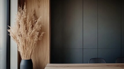 Modern, minimalist kitchen or dining area with natural elements.