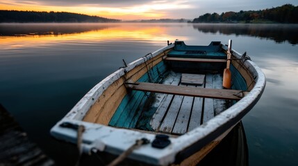Old wooden rowboat floating on calm lake during sunrise with mist and colorful sky in background