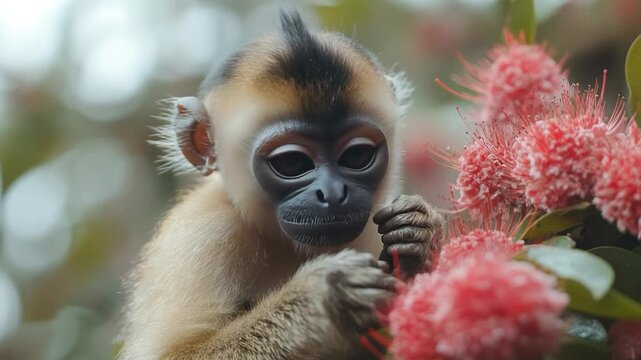 Small monkey engaging with pink flowers in tropical forest