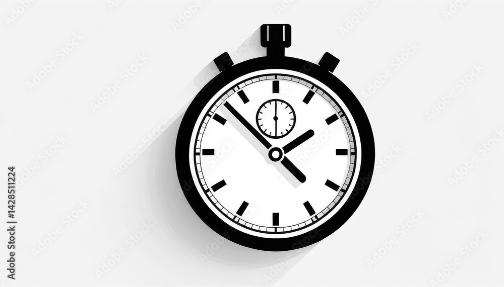 Poster simple black and white stopwatch illustration with long shadow on light grey background for time man