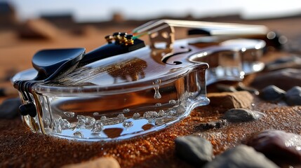 Water-logged Violin with Water on the Surface and Rocks in the Background, Close-up of a Musical Instrument in Outdoor Setting