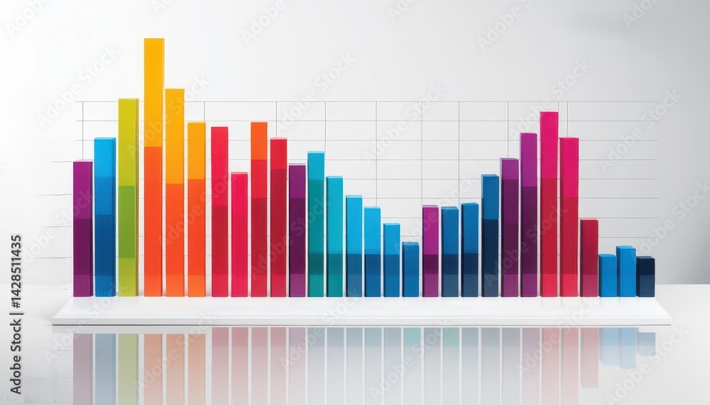 Poster A Bright Colorful Bar Graph Displaying Fluctuating Data Points Over Time Set Against a Gray Grid on a White Platform with Subtle Reflection Effects