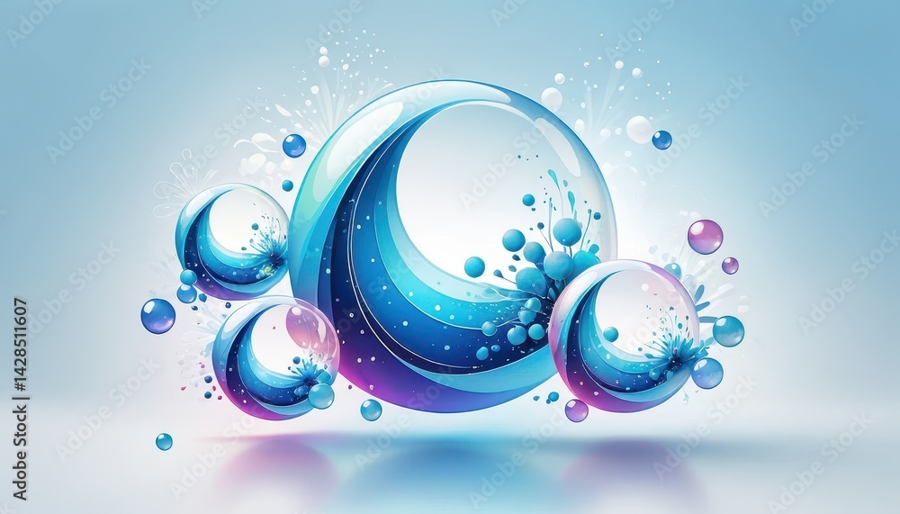 Poster Abstract digital art featu translucent iridescent spheres adorned with wave-like patterns and colorful splashes, set on a serene light blue backdrop