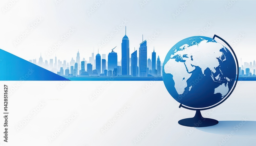 Poster a stylized blue globe overlooking cityscape skyline on light blue background representing global con
