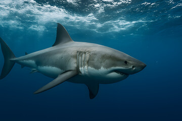 Fototapeta premium Majestic great white shark swimming underwater in the ocean, marine wildlife photography concept