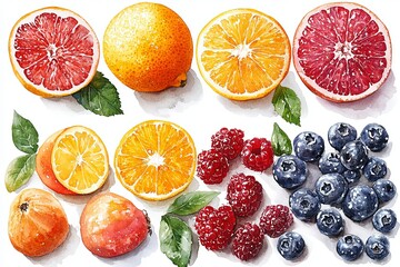 Watercolor depiction of several colorful fruits and berries arranged together