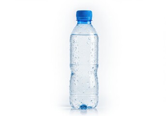 Plastic water bottle with drops on white background