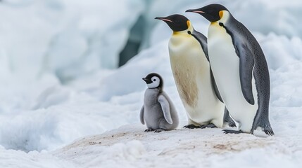 Fototapeta premium Emperor penguins and chick on ice
