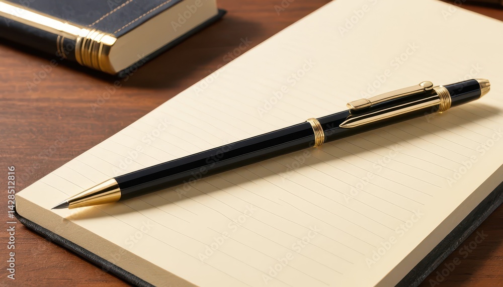 Poster A Sleek Black and Gold Mechanical Pencil Resting on a Blank Notepad with a Bound Book in the Background on a Dark Wood Surface Aesthetic Setting