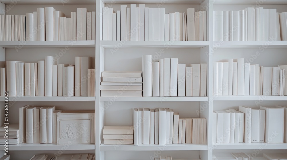 Poster close-up of a perfectly organized white bookshelf with same-sized books and subtle shadowing