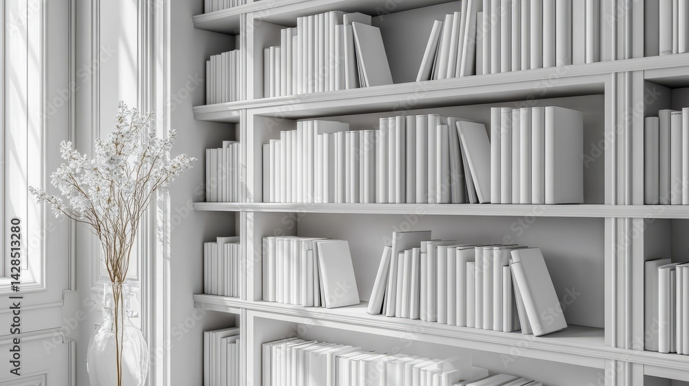 Poster close-up of a perfectly organized white bookshelf with same-sized books and subtle shadowing