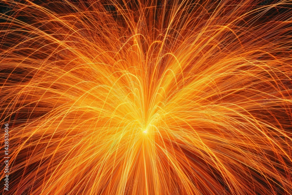 Poster a vibrant display of sparks radiating outward, creating a mesmerizing pattern of fiery orange and ye