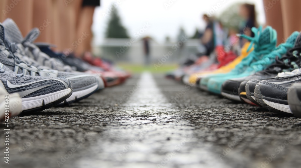 Aufkleber shoes lined up at starting line create anticipation during a local track event