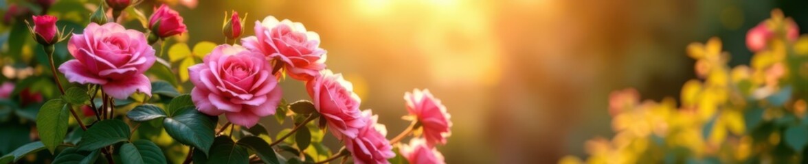 Fototapeta premium Sun-drenched pink rose bush, abundant blooms, idyllic summer scene, petals, beautiful, floral