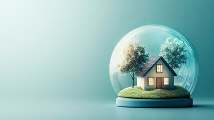 Dream Home Protected Miniature House in Glass Dome Peaceful Serene Nature Scene Tranquil Environment Cozy Cottage Green Trees Illuminated Windows Suburban Landscape Residential Property Safe Haven    