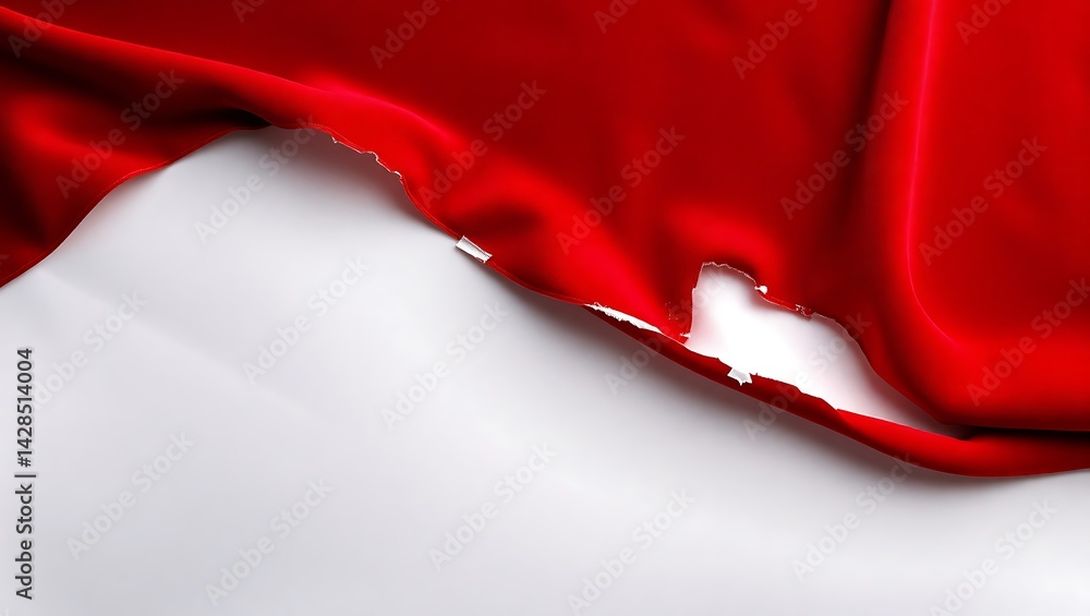 Poster red fabric drapes over white surface creating abstract shapes and soft textures.