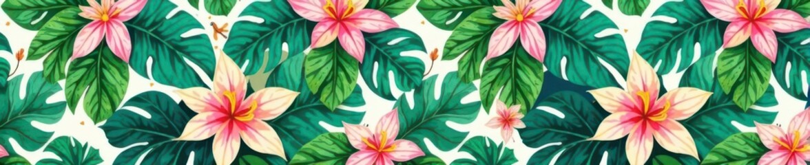 Naklejka premium Tropical leaves & flowers hand-painted art, abstract vector seamless pattern , line art, fabric, seamless