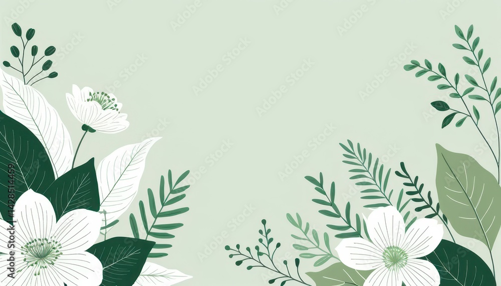 Poster pale green background with stylized white flowers and dark light green leaves symmetrically arranged