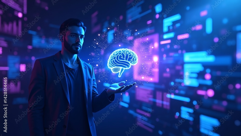 Poster a person holding an illuminated brain representing the power of innovation and technology