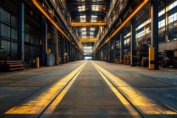 Fototapeta premium Rails guiding through industrial warehouse with metal pipes and machinery