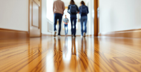 Students walking down hallway with shiny wooden floor, creative photography style, indoor background. Concept of education and movement. Ai generative