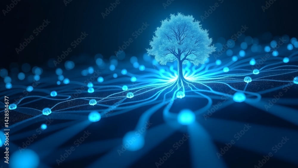 Aufkleber a glowing tree with an abstract digital circuit that radiates light