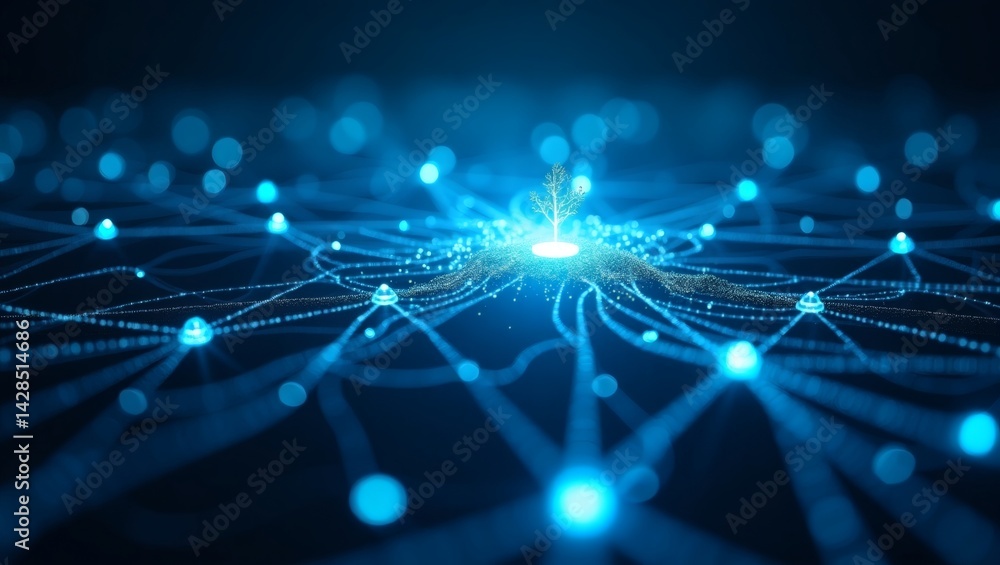 Aufkleber A futuristic, interconnected digital network with glowing blue spheres and lines creating a web of data and information