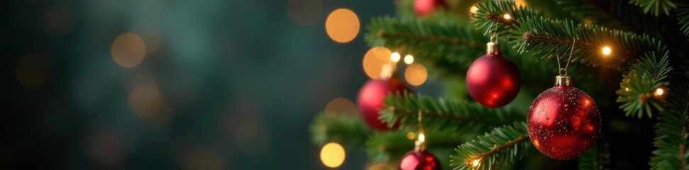 Vintage-toned Christmas tree, red ball ornament, sparkling lights , decor, festive