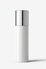 Clean Minimalist White Cosmetic Bottle with Silver Cap on White Background