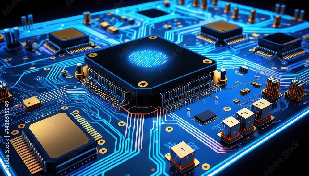 Aufkleber Close-up of a computer circuit board featu integrated circuits and a bright blue processor element against a dark background highlighting technology detail