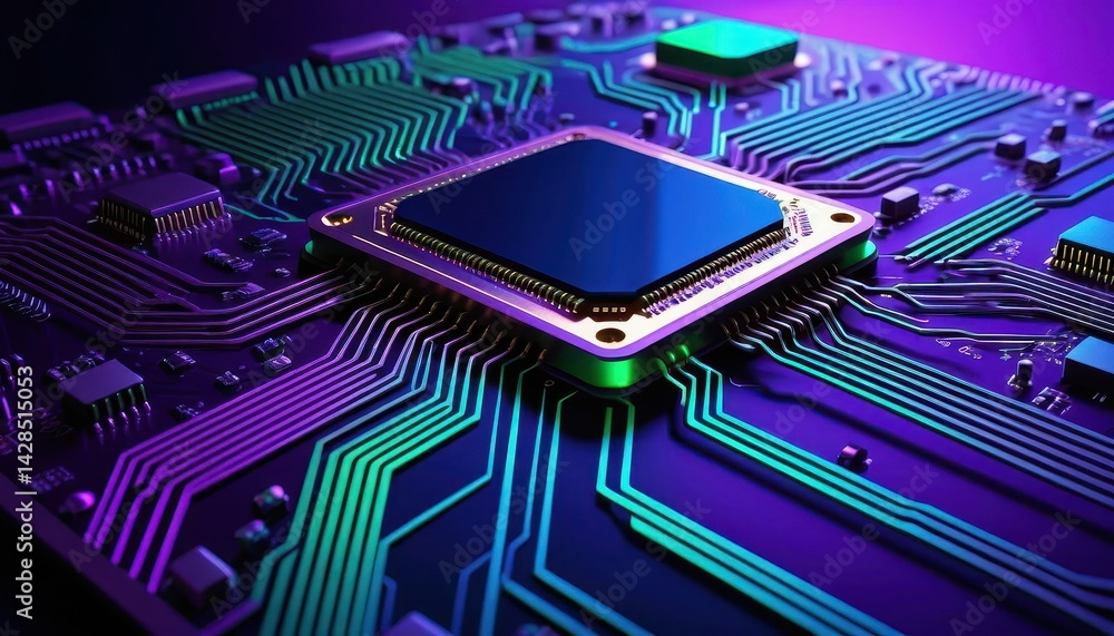 Fototapete Close-up of a CPU Chip on Circuit Board with Vibrant Purple Green and Teal Circuitry Displaying Modern Technology and Microprocessor Component Design