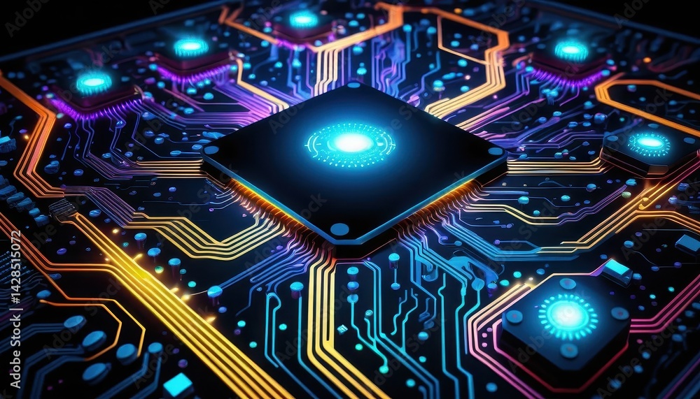 Leinwandbilder Close-up of a vibrant central processing unit chip with blue and orange circuitry embedded in an illuminated, complex motherboard design and structure