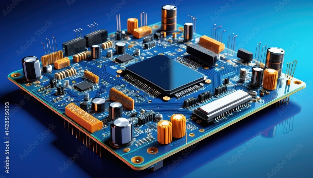 Poster Close-Up Image of a Blue Printed Circuit Board with Central Microprocessor Surrounded by Various Electronic Components like Capacitors and Resistors