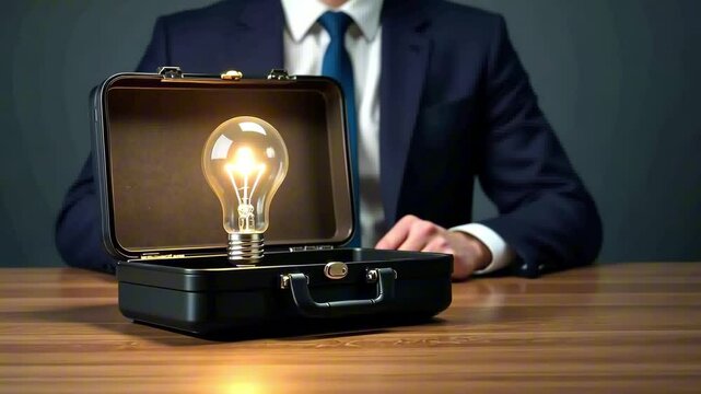 Businessman in formal attire unveils illuminated light bulb from sleek black case on wooden surface, highlighting innovation and creativity, camera smoothly zooms in for focus