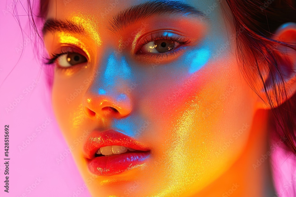 Poster portrait of a woman with vibrant lighting showcasing colorful reflections on her face, emphasizing h