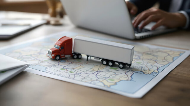 Logistics and Shipping Scene with Model Semi-Truck on Map in Office
