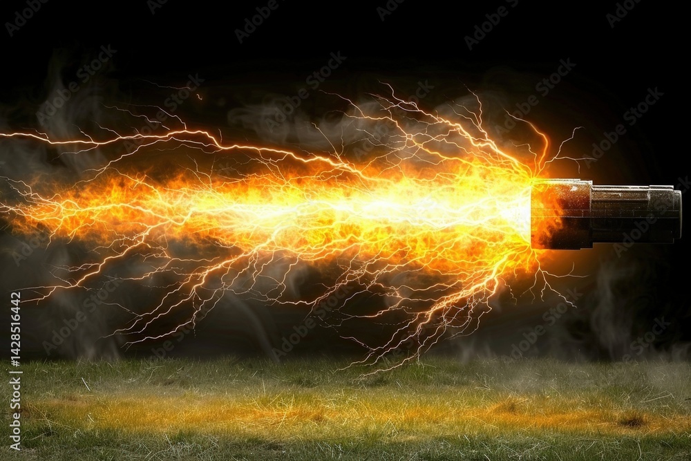 Poster a dynamic image featuring a powerful burst of flames and electric sparks emanating from a cylindrica