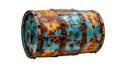 Teal Vintage Barrel Rusty Metal Container with Industrial Grunge Texture.