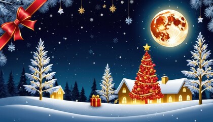 Whical Christmas Village Scene with Bright Red Tree Snowy Houses Under a Full Moon and a Large Red Ribbon Bow in Tranquil Winter Delight