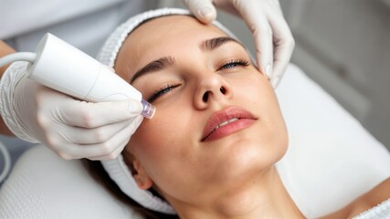 Facial Skin Treatment. Cosmetologist performing facial skin resurfacing treatment on a woman's face at a spa. One person, nobody.