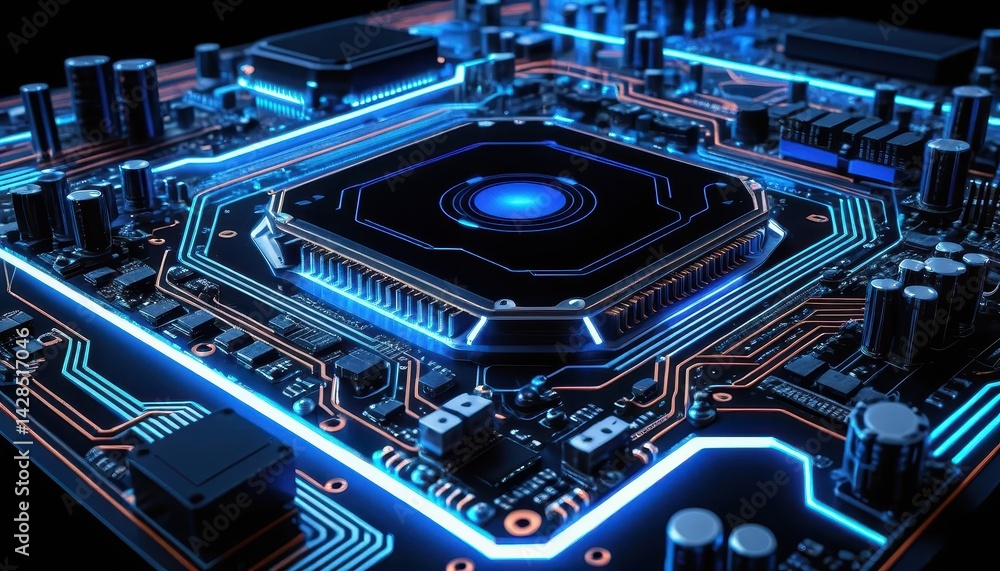 Fototapete Close-up view of a futuristic illuminated computer motherboard with intricate circuitry and vibrant glowing blue accents surrounding the central processor unit