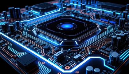 Fototapeta premium Close-up view of a futuristic illuminated computer motherboard with intricate circuitry and vibrant glowing blue accents surrounding the central processor unit